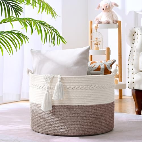 67L Large Blanket Basket, 20"x13" Woven Storage Baskets With Handle, Cotton Rope Blanket Basket Living Room, Baby Laundry hamper for Blanket, Nursery, Toy, Pillow (White & Oatmeal) - color: White & Oatmeal, size: 67L