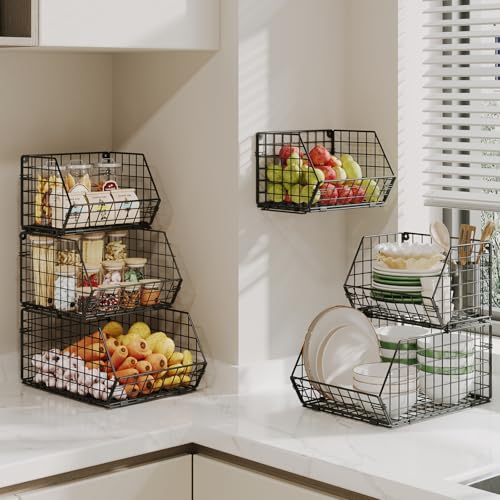 X-cosrack Stackable Wire Baskets for Counter, Fruit and Vegetable Storage, Potato and Onion Storage Bin，Kitchen Pantry Organizer - Wall Basket for Produce/Snack/Can, Large, Black - size: Large