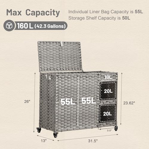 Laundry Hamper with Wheels, 42.3 Gal.(160 L) Laundry Sorter with Shelves, Rattan Clothes Hamper with 4 Removable Liners & 3 Mesh Bags, Handwoven Organizer for bedroom, bathroom, laundry room, Grey - color: Grey