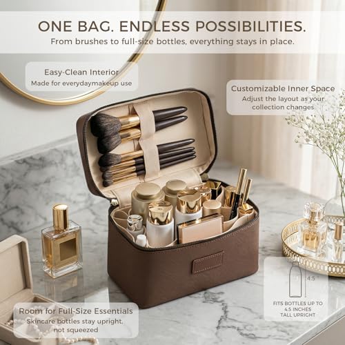 Makeup Bag Vanity Case for Women – Portable Cosmetic Bag Makeup Bag Organizer Travel Toiletry Bag with Removable Divider - color: Dark Brown