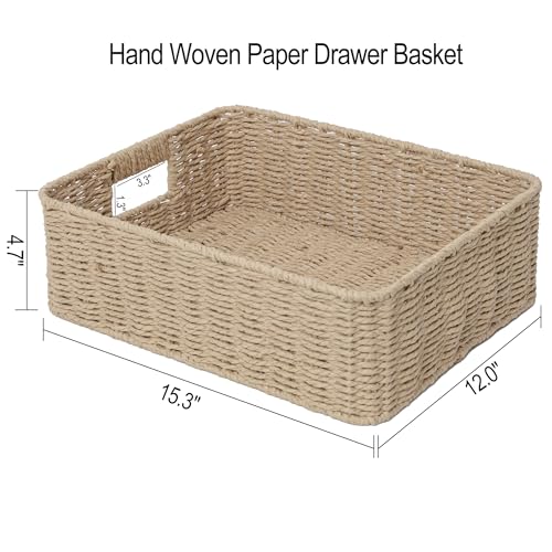 Drawer basket Handwoven Paper Rope Rectangular Shallow Basket Storage-15.35X12.01X4.72 Inches (Brown) - color: Brown