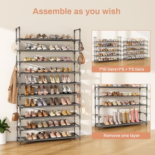 LANTEFUL Tall Shoe Rack 10 Tier Shoe Organizer Large Shoe Shelf with 18 Hooks Storage for 50 Pair Sneaker and Boot, Stackable Vertical Shoe Rack Organizer for Closet, Entryway, Bedroom, Grey - color: Grey, size: 10 Tier-68" High-34" Wide