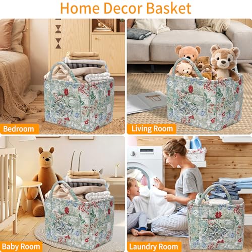 Quilted Fabric Storage Baskets with Handles, Boho Floral Gift Basket Foldable Organizer Bin for Home Decor, Picnic, Travel 12''x10''x10'' (Ivory) - color: Ivory
