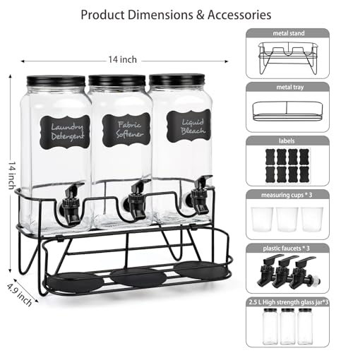3 Sets 2.2L Liquid Laundry Detergent Dispenser, Glass Laundry Soap Dispenser with Stand, Measuring Cup, Fabric Softener Dispenser for Laundry Room Organization