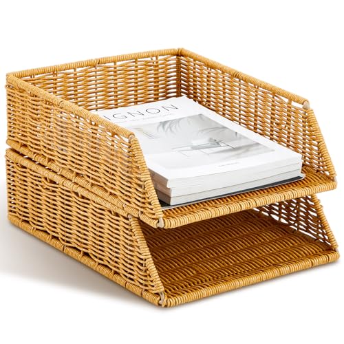 Yeaqee 2 Pcs Paper Tray Organizer for Desk Woven Letter File Organizer A4 File Tray Desk Paper Basket Letter Size Imitation Rattan Holder Organization Rack for Office Storage(Brown,Sleek Style) - style: Sleek Style