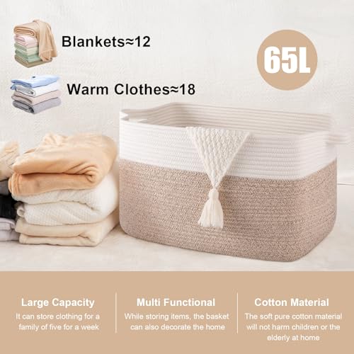 65L Cotton Rope Large Blanket Basket (19.7"x15.7"x11.8") for Living Room, Kids Room & Laundry, Storage Basket with Handle for Organizing Blankets, Pillows, Clothes & Toys, Brown & White - color: Brown & White, size: 19.7"x15.7"x11.8"