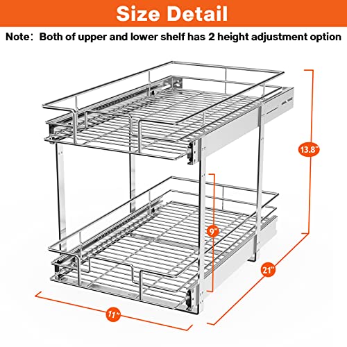 ROOMTEC Individual Pull Out Cabinet Organizer (11" W x 21" D), 2 Tier Spice Rack Organizer for Cabinet, Slide Out Drawer Pantry Shelf Organization and Storage for Kitchen Bathroom - color: 2 Tier, size: 11"W x 21"D