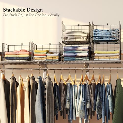 4 Pack Closet Organizers and Storage Shelves for Clothes, 4 Tier Stackable Closet Storage Basket Bin Container for Clothing Sweater Jean, Narrow, Foldable, Sturdy Metal System Organizer Shelf - color: Black