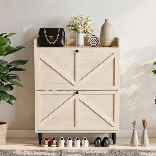 VDNEND Shoe Storage Cabinet for Entryway with 2 Flip Drawers，Narrow Wood Shoe Cabinet with Soild Wood Legs，Freestanding Hidden Shoe Organizer for Foyer, Hallway (1, White Oak) - color: White Oak