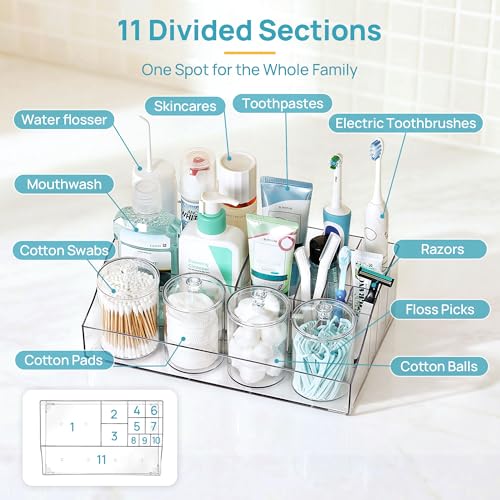 Vtopmart 5 PCS Bathroom Countertop Organizer, 1 Divided Tray with 4 Qtip Holder Jars, Restroom Clear Organizers for Toothbrush, Cotton Pads Balls, Floss, Bathroom Vanity Accessories Storage Set - color: Clear