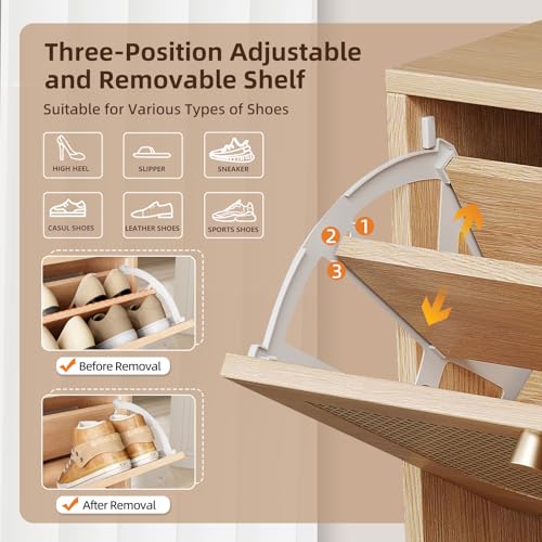 Nicetree Shoe Cabinet Storage for Entryway, 4-Flip Drawer Narrow Shoe Rack with Adjustable Shelves, Boho Modern Square Rattan Shoe Organizer, Slim Wood Storage Cabinets for Small Spaces Fits Size 13.5 - color: Natural Honey Oak, style: 4 Flip Drawer - Cla