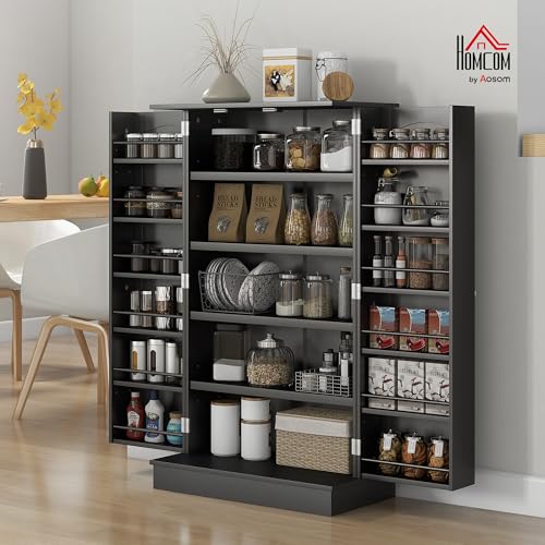 HOMCOM 41" Kitchen Pantry Storage Cabinet, Freestanding Kitchen Cabinet with 12 Door Shelves, Double Doors, 5-Tier Shelving and Adjustable Shelves, Black - color: Black, size: 41"H