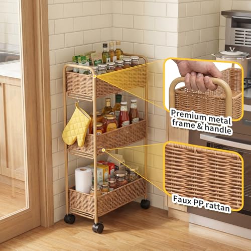 FOCHIER F Utility Slim Storage Cart,3-Tier Rolling Kitchen Office Laundry Room Cart,Mobile Shelving Unit Organizer for Living Room Bathroom Baby Diaper Narrow Places (Natural, 3 Tiers-7.1 inch (W)) - color: Natural