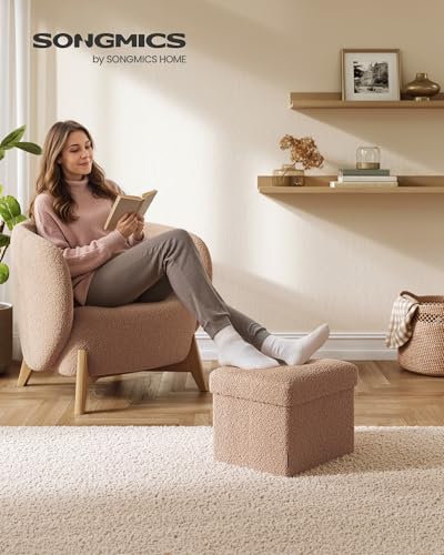 SONGMICS Small Folding Storage Ottoman, Foot Rest Stool, 12.2 x 16.1 x 12.2 Inches, Ottoman with Storage, Load up to 286 lb, for Living Room, Bedroom, Dorm, Camel Brown ULSF094K01 - color: Camel Brown, style: Teddy Fleece