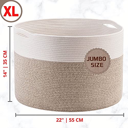 MINTWOOD Design Extra Large 22 x14 Inches Decorative Woven Cotton Rope Blanket Storage Basket Bin Living Room and Laundry Hamper for Pillows, Pool Towels, Dog Toys, Shoes, Light Brown - color: Light Brown