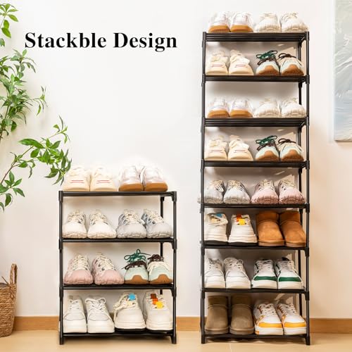 Stackable Small Shoe Rack for Closet 4 Tier, Sturdy Shoe Rack Organizer for Front Door Entrance and Entryway, Free Standing Metal Shoe Shelf Storage for Closet Bedroom Garage Black - size: 4 Tier