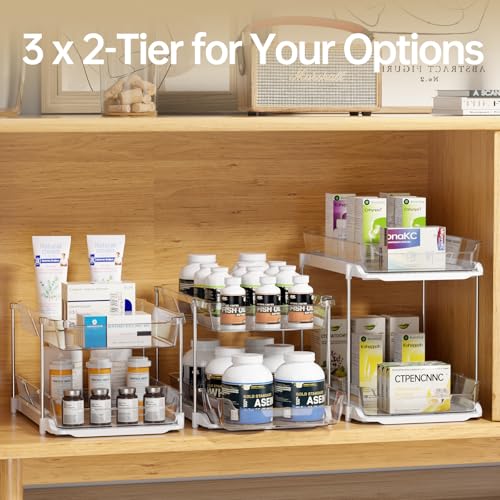 Delamu 2 Sets of 3-Tier Bathroom Under Sink Organizers and Storage, Multi-Purpose Stackable Pantry Organization and Storage, Pull Out Clear Kitchen Bathroom Cabinet Organizer with Movable Dividers | Storage, Multi-Purpose, Stackable, Pantry Organization,