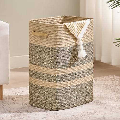 Nunsino Laundry Hamper,Laundry Basket with Leather Handles,Woven Storage Basket for Toys,Pillows,Blankets,Clothes,Dark&Brown - color: Dark&Brown, size: 65 L