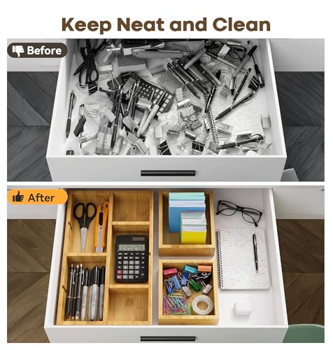 KOCWELL Bamboo Desk Drawer Organizer with Removable Dividers,Multi-Use Office Drawer Organizer Tray,Junk Drawer Organizers for Office,School,Kitchen,Makeup Supply（Original） - color: Original