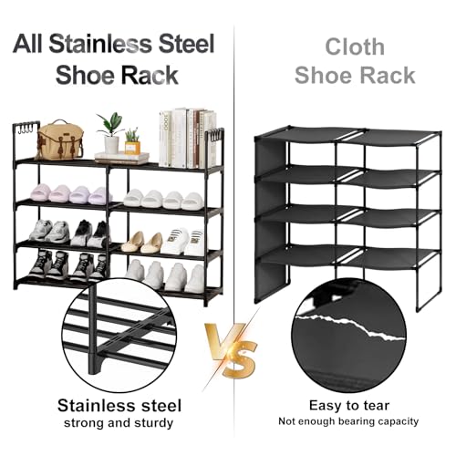 2 Rows 4 Tier Shoe Rack, Black Metal Stackable Shoe Shelf with Multifunctional Hooks, Hold 16-20 Pairs, Space Saving Shoe Organizer for Closet, Bedroom - size: 2 Row 4 Tier