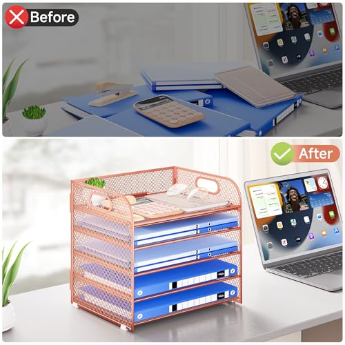 Paper Organizer Letter Tray with Handle Mesh 5 Trays Desk File Organizer Paper Sorter Desk Organizer for Office, Home or School-Rose Gold - color: Rose Gold, size: 12.6" x 9.1" x 13.4"