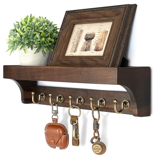 Rebee Vision Acacia Wood Key Holder Wall Mount for Room Decor – Rustic Key Holder for Wall with Shelf for Displaying Plants – Stylish Entryway Organizer for Apartment (Dark Acacia) - color: DarkAcacia