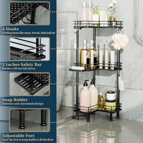 Consumest Corner Shower Caddy Standing - 3-Tier Stainless Steel Shower Organizer with Soap Holder and 4 Hooks, Large Capacity Corner Shelf Stand for Bathroom, Rest Room, Black - color: Black, size: 3 Tier