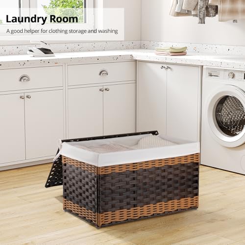 OIAHOMY Storage Basket with Lid, 27.7 Gallon (105L) Blanket Basket with Removable Liner Bag, Synthetic Wicker Hamper with Handle, Foldable, Hamper for Living Room, Brown - color: Gradient Brown, size: 105L