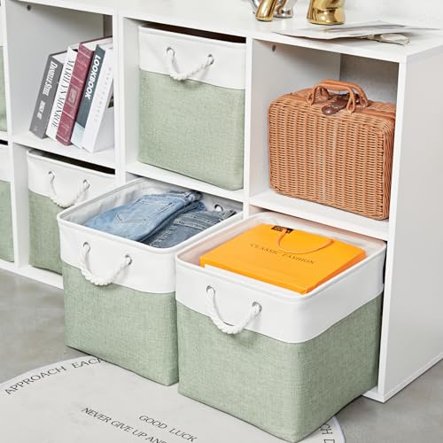 13 x 13 Inch Extra Large Storage Cubes,6 Pack Cube Storage Bins for Shelves，Fabric Collapsible Storage Bins with Handles, Foldable Storage Basket for Organizing Clothes, Toys (White&Green) - color: White&Green（EVA）