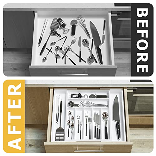 Utensil Organizer Silverware Drawer Organizer - Adjustable Utensil Tray Bamboo Silverware Divider with Groove for Kitchen Flatware, Hair Accessories, Repair Tools, Art Set W13.5"-19.9" x L17.6"(White) - color: White, size: 9 Slot