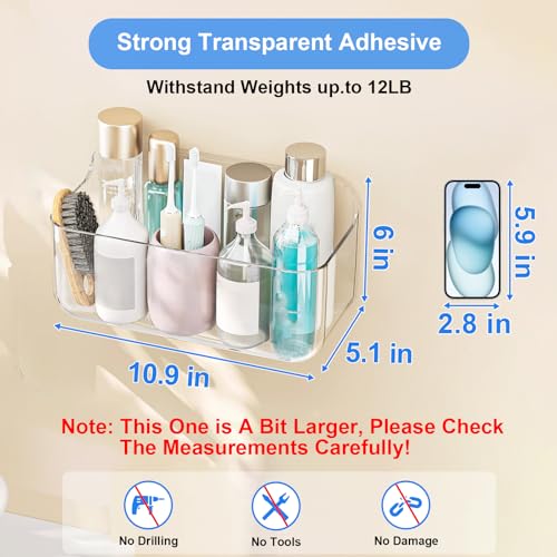 Diesisa Acrylic Wall Mount Organizer - 5.1" D x 10.9" W x 6" H, Large Size Adhesive Wall Self - Shower Caddies Organizer - Bathroom Shelves with Self Adhesive Tape for Bathroom, Kitchen - Large Size - color: Clear - Big Basket