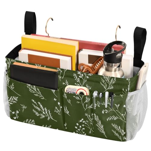 Bedside Caddy Metal Frame Hanging Organizer Bunk Bed Dorm Accessories Hook And Loop Storage Bag Large Pockets Green Branches - color: Green Branches