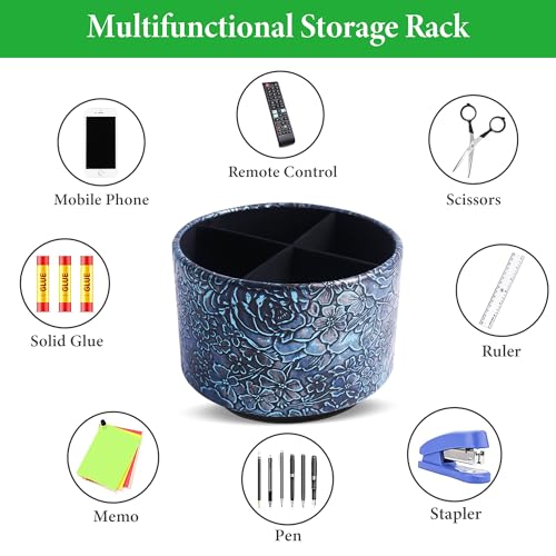 Round Leather Art Supply Organizer,Remote Control Holder,360 Degree Spinning,Multi-Functional Pencil Holder,4 Compartments Desktop Stationary Organizer(1-Rich Flower Blue) - color: 1-Rich Flower Blue1