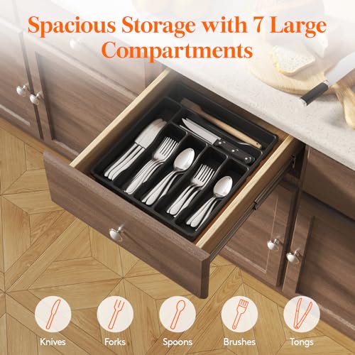 Lifewit Silverware Drawer Organizer Tray, Plastic Cutlery Storage for Kitchen, Flatware and Utensil Holder Divider for Spoons Forks Knives Tableware, 12.3 x 14.2", 7 Slots, Black - color: Black, size: 12.3 x 14.2 inch (7 Slots)