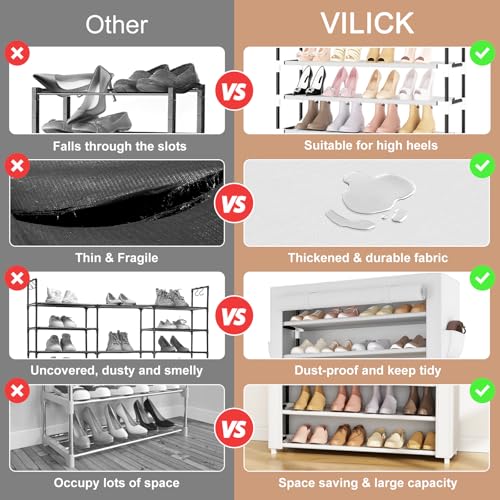 VILICK Shoe Rack with Cover Narrow Shoe Organizer with Pockets 10 Tier Tall Shoe Storage Holds 36-41 Pairs Shoes and Boots Shoe Rack for Closet Entryway Garage, White - color: White, size: 10 Tiers-34.6" Wide