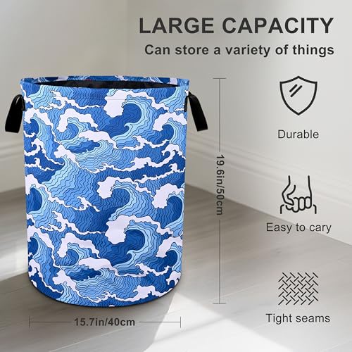 Ocean Wave Laundry Basket Foldable Oxford Cloth Tote Bag Laundry Hamper Clothes Storage Bucket Organizer For Bathroom/Laundry Storage/Bedroom 19.6x15.7 Inch - color: Ocean Wave