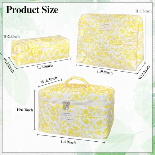 Yellow Large Quilted Floral Makeup Bag Set of 3 Cute Coquette Aesthetic Cosmetic Bag Set Travel Toiletry Bag for Women - color: B-3Pcs Yellow