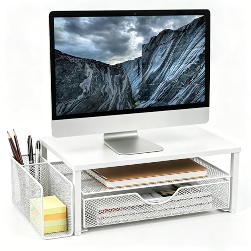 Spacrea Desk Organizer and Accessories, Computer Monitor Stand Riser with Drawer and 1 Open Pen Holder, Printer & Laptop Stand, Office Desk Accessories for Home Office Supplies (White) - color: White - Metal Drawer