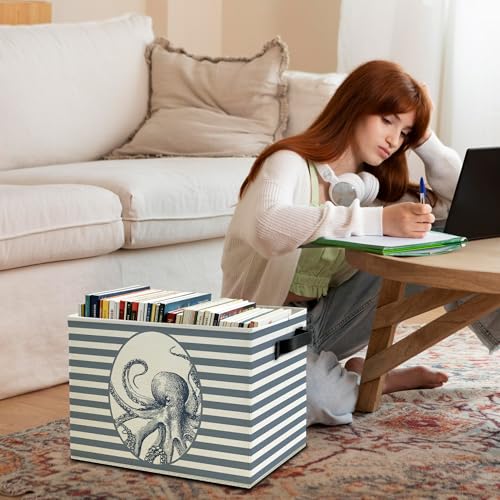 Coastal Beach Octopus Storage Bins Box with Handles, Blue Striped Beachy Ocean Octopus Marine Biology Collapsible Basket Organizer for Bedroom Bathroom Toys Books Clothes - color: Color08