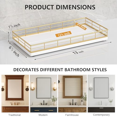 Toilet Paper Basket Organizer – Oak Wood Toilet Tank Tray with Metal Frame, Bathroom Counter Top Storage for Toilet Paper, Wipes & Decor, Modern Narrow Back of Tank Shelf Organizer, Gold & White - color: Gold & White, size: 13" x 6.5" x 2"