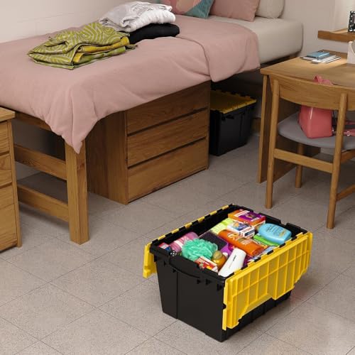 Akro-Mils KeepBox 12 Gallon Storage Container, Nesting and Stackable Plastic Storage Box with Lid Attached, Organizer Tote for Garages, Closets, and Moving, 21-1/2" x 15" x 12-1/2", Black/Yellow - color: Black/Yellow, size: 12 Gallons