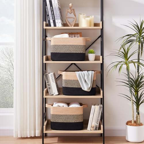 OIAHOMY Storage Basket, Woven Baskets for Storage, Cotton Rope Basket for toys,Towel Baskets for Bathroom - Pack of 3, Black & Brown - color: Black & Brown, size: 3 pcs-13”x9.9”x8.7”