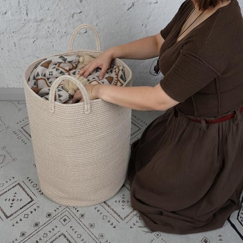 XUANGUO Cotton Rope Laundry Basket Hamper for Clothes Woven Storage Basket for Living Room Bedroom Boho Tall Rope Baskets for Blanket Toys Pillow Towels Baby Nursery Hamper Bin Large oatmeal - color: oatmeal, size: Large
