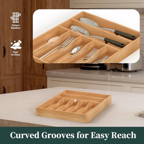Silverware Organizer, Bamboo Kitchen Drawer Organizer, Utensil Holder, Cutlery Tray & Spoon Flatware Storage with Grooved Drawer Dividers (13''W x 17''D) - color: Natural, size: 13''W x 17''D