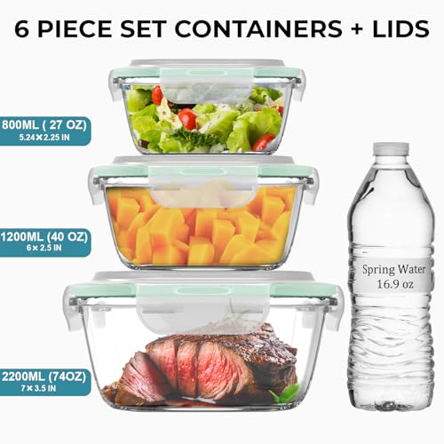 Razab 6 PC Square Glass Food Storage Containers with Airtight lids (74, 40 & 18 oz) Kitchen Glass Meal Prep Containers Set for Freezer Reusable Leftover Lunch Boxes, Oven, Microwave, Dishwasher Safe