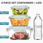 Razab 6 PC Square Glass Food Storage Containers with Airtight lids (74, 40 & 18 oz) Kitchen Glass Meal Prep Containers Set for Freezer Reusable Leftover Lunch Boxes, Oven, Microwave, Dishwasher Safe