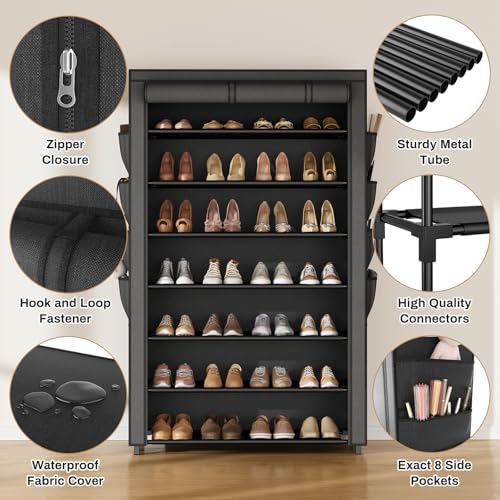 VILICK Shoe Rack with Cover, 7 Tier Shoe Organizer Storage for 32-40 Pair Shoes and Boots Large Shoe Storage Shelf Space Saving Vertical Shoe Rack for Closet, Front Door Entrance, Dorm, Garage - color: Black, size: 33.8"W-7 Tier