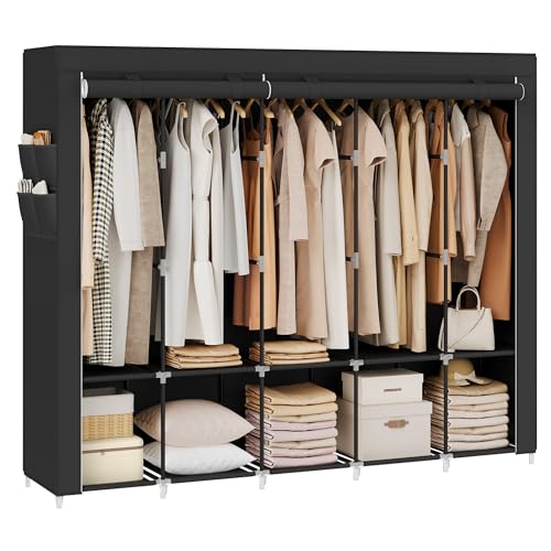 SONGMICS Portable Closet, Wardrobe Closet Organizer with Cover, 5 Hanging Rods and Shelves, 4 Side Pockets, 17.7 x 83 x 65.7 Inches, Large Capacity for Bedroom, Living Room, Ink Black URYG095B01 - color: Ink Black, size: 5 Tiers（83"L）