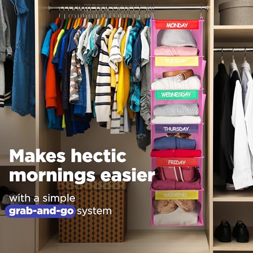 Handy Laundry Hanging Clothes Organizer for Kids - 6-Shelf Closet Daily Clothing Organization Labeled Shelves with Days of The Week Monday Through Friday, Weekday and Weekend (Pink) - color: Pink