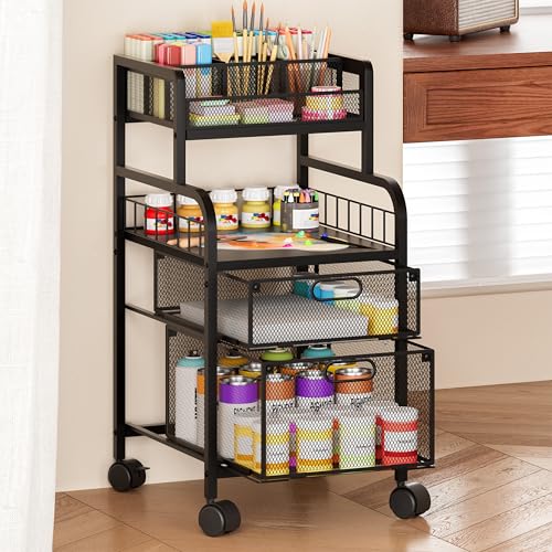 SWTYMIKI Rolling Cart with Drawers - Metal Utility Cart with Wood Shelf, DIY Divider and Locking Wheels, Craft & Art Cart Organizer for Under Desk Storage for Home Office Studio, Black - color: 4 Tiers-Black, size: 4 Tiers